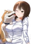  bangs blouse blush breasts brown_eyes brown_hair cheek_licking closed_mouth collarbone commentary_request dog eyebrows_visible_through_hair face_licking girls_und_panzer hair_between_eyes inu_(aerodog) large_breasts licking looking_at_another nishizumi_maho short_hair_with_long_locks signature simple_background solo twitter_username upper_body white_background white_blouse 