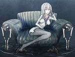  black_legwear chin_rest commentary_request couch glowing glowing_eyes in_water indoors kantai_collection long_hair looking_at_viewer mechanical_legs no_headwear no_shoes pepii purple_eyes shinkaisei-kan silver_hair sitting solo thighhighs wo-class_aircraft_carrier 