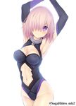  armpits arms_up backlighting bangs bare_shoulders black_gloves black_legwear black_leotard blush breasts cameltoe cleavage cleavage_cutout closed_mouth covered_nipples elbow_gloves eyebrows_visible_through_hair fate/grand_order fate_(series) from_side gloves groin hair_over_one_eye halterneck head_tilt highleg highleg_leotard impossible_clothes impossible_leotard jewelry lavender_hair legs_together leotard light_smile looking_at_viewer mash_kyrielight medium_breasts navel navel_cutout neck_ring purple_eyes purple_gloves shiny shiny_skin short_hair simple_background skin_tight solo standing stomach suga_hideo thighhighs twitter_username white_background 