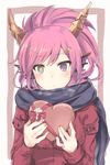  box breath dragon_girl dragon_horns hair_ornament hairclip head_fins heart-shaped_box heterochromia highres horns purple_eyes purple_hair puzzle_&amp;_dragons samoore scarf solo sonia_(p&amp;d) valentine yellow_eyes 