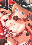  absurdres anchor_hair_ornament blonde_hair blush breast_hold breasts chocolate chocolate_heart chocolate_on_breasts chocolate_on_face food food_on_face gradient gradient_background green_eyes hair_ornament hat heart highres kantai_collection large_breasts long_hair looking_at_viewer low_twintails mirea mouth_hold naked_ribbon navel peaked_cap pointing pointing_at_self prinz_eugen_(kantai_collection) red_background revision ribbon smile solo striped striped_ribbon twintails valentine 
