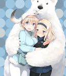  :d aleksandra_i_pokryshkin animal animal_on_head bear blue_eyes brave_witches ermine multiple_girls nikka_edvardine_katajainen on_head open_mouth pantyhose polar_bear shimada_fumikane smile sweatdrop world_witches_series 