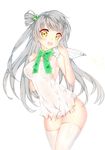  :d absurdres apron ass_visible_through_thighs bangs bow breasts covered_nipples cream earrings grey_hair hair_bobbles hair_ornament highres isy jewelry long_hair looking_at_viewer love_live! love_live!_school_idol_project medium_breasts minami_kotori naked_apron no_bra no_panties one_side_up open_mouth sideboob smile solo thigh_gap thighhighs white_background white_legwear yellow_eyes 