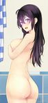  2017 absurdres artist_name ass bad_anatomy bangs beifeng_han black_hair blush breasts commentary_request covering covering_breasts cowboy_shot dated from_side glowing glowing_eyes glowing_hair hair_between_eyes highres indoors large_breasts long_hair looking_at_viewer miyaura_sanshio nude open_mouth original purple_eyes revision sideboob signature solo towel wet 