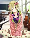  absurdres blonde_hair bow breasts brown_eyes cello classroom hair_bow headphones headphones_around_neck highres indoors instrument jacket kishida_mel long_sleeves looking_at_viewer medium_breasts motoyo_rokuma official_art piano school_fanfare short_hair sitting solo swimsuit swimsuit_under_clothes thighhighs 