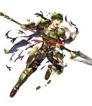  abel_(fire_emblem) armor fingerless_gloves fire_emblem fire_emblem:_monshou_no_nazo fire_emblem_heroes full_body gloves green_eyes green_hair highres injury male_focus official_art open_mouth polearm solo spear teeth transparent_background weapon 