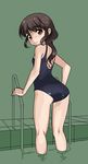  ass bad_id bad_pixiv_id black_hair brown_eyes from_behind green_background leaning_forward long_hair looking_at_viewer looking_back original pool_ladder poolside rohitsuka school_swimsuit solo swimsuit wading water wet wet_clothes wet_swimsuit 