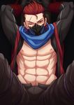  abs adonis_belt bdsm bondage bound bulge fire_emblem fire_emblem_if gloves groin male_focus mask muscle navel nipples one_eye_closed red_eyes red_hair saizou_(fire_emblem_if) scar scarf shirtless sidecut sitting solo toumato 