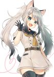  animal_ears bangs black_legwear blush boots cowboy_shot dress eyebrows_visible_through_hair fang green_eyes heart heart_of_string long_hair looking_at_viewer midorikawa_you open_mouth original sailor_dress sidelocks silver_hair simple_background solo tail thigh_boots thighhighs twintails white_background 