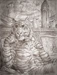  balaa candle clothed clothing feline greyscale male mammal monochrome nipples pencil_(artwork) pillow sketch solo tiger topless traditional_media_(artwork) 