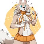  ? anthro anthrofied black_nose blue_eyes breasts brown_fur eternity_zinogre female fluffy fluffy_tail fur lycanroc midday_lycanroc multicolored_fur nintendo pok&eacute;mon simple_background solo two_tone_fur video_games virgin_killer_sweater white_fur 