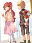  1girl blonde_hair blue_eyes bouquet cup drinking_glass flower green_eyes jaune_arc mikan-uji pantyhose pyrrha_nikos red_flower red_hair red_rose rose rwby ujiujiyarou white_flower white_rose wine_glass younger 