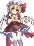  alternate_costume ass_visible_through_thighs blonde_hair blush bow box brown_dress crystal demon_wings dress eyebrows_visible_through_hair feet_out_of_frame flandre_scarlet frilled_shirt_collar frills gift hat hat_ribbon head_tilt heart-shaped_box highres holding holding_gift janne_cherry knees_together_feet_apart long_hair looking_at_viewer mob_cap puffy_short_sleeves puffy_sleeves rainbow_order red_bow red_eyes red_ribbon ribbon sash short_sleeves side_ponytail solo standing tareme thigh_gap thighhighs touhou valentine w_arms white_hat white_legwear wings zettai_ryouiki 