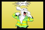  angry asriel_dreemurr beowulf100 black_border border caprine clothing english_text eyes_closed fur goat humor male mammal open_mouth shirt solo teeth text tongue torn_clothing undertale video_games what white_fur yelling 
