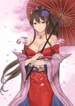  bare_shoulders breasts brown_hair cleavage flower granblue_fantasy hair_between_eyes hair_flower hair_ornament highres japanese_clothes kimono large_breasts long_hair looking_at_viewer oriental_umbrella purple_eyes rose rosetta_(granblue_fantasy) smile solo terry_(pixiv3274443) umbrella 