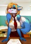  2017 amber_eyes blonde_hair blue_fur blue_nose breasts bubble_gum candy canine cleavage clothed clothing dipstick_tail ear_piercing eyelashes female food fox fur gradiewoof gum hair long_hair looking_at_viewer mammal multicolored_tail necktie piercing smile 