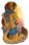  2017 alpha_channel anthro blue_mane blue_sweater brown_mane cat clothing cougar cyan_mane eye_contact feline female fluffy fluffy_tail hair line_art long_hair long_mane looking_at_viewer looking_back mammal mane markings multicolored_mane omega_(character) painting_(artwork) samantha-dragon shy simple_background solo spots standing sweater traditional_media_(artwork) transparent_background virgin_killer_sweater watercolor_(artwork) whiskers 