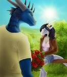  2017 anthro bench black_hair blue_eyes bouquet_of_flowers clothing dragon eira_(thorai) female flower giftart grass green_eyes hair happy head_spikes holidays horn horn_ring jacket male maledivus_(character) nature not_a_couple outside plant red_flowers rose samantha-dragon shirt shorts sitting smile standing stripes t-shirt valentine&#039;s_day 