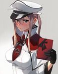  black_gloves blonde_hair blue_eyes blush breasts capelet chocolate collar dutch_angle gloves gradient gradient_background graf_zeppelin_(kantai_collection) hat iron_cross jacket kantai_collection large_breasts long_hair long_sleeves looking_at_viewer necktie peaked_cap red_neckwear solo sweat touyama_eight twintails upper_body white_jacket 