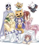  3girls animal_ears arm_support armpits arms_up ass bed_sheet black_gloves blonde_hair blue_hair breasts cat_ears cat_tail charle_(fairy_tail) cleavage closed_eyes detached_sleeves dress elbow_gloves erza_scarlet fairy_tail flying gloves gray_fullbuster green_shirt hair_ribbon halloween halloween_costume happy_(fairy_tail) large_breasts long_hair looking_at_viewer lucy_heartfilia mashima_hiro md5_mismatch multiple_boys multiple_girls natsu_dragneel no_shoes official_art open_mouth pantyhose pink_hair pink_legwear pink_ribbon ponytail pumpkin red_hair ribbon scarf shirt simple_background sitting sleeveless sleeveless_dress small_breasts spiked_hair strapless striped striped_legwear tail thighhighs twintails wendy_marvell white_background wrist_cuffs yellow_dress zettai_ryouiki 