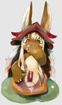 after_orgasm anthro balls clothed clothing crossgender cum cum_in_clothing erection lagomorph liteu looking_at_viewer made_in_abyss male mammal nanachi naughty_face pants_down partially_clothed penis rabbit solo topless 