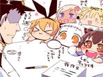  &gt;_&lt; 1boy 5girls :3 :d admiral_(kantai_collection) ahoge ashtray black_hair blonde_hair blue_eyes blush_stickers brown_eyes brown_hair chibi closed_eyes commentary_request covered_mouth drooling epaulettes fang flailing flower fountain_pen gloves hair_flower hair_ornament hairband hairclip hand_on_own_cheek hand_up hat kantai_collection long_hair long_sleeves military military_uniform mittens multiple_girls northern_ocean_hime open_mouth orange_eyes paper_stack peaked_cap pen remodel_(kantai_collection) ro-500_(kantai_collection) sako_(bosscoffee) scarf shimakaze_(kantai_collection) shinkaisei-kan smile tan translation_request uniform white_hair x3 xd yellow_eyes yukikaze_(kantai_collection) yuudachi_(kantai_collection) 