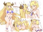  2girls ass barefoot bikini blonde_hair blue_eyes blush breasts cleavage djeeta_(granblue_fantasy) granblue_fantasy horns hug long_hair navel pointed_ears randou rastina short_hair sketch swimsuit underboob wristwear yuri 