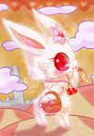  barrette basket candy cherry cloud crumbs cute flower fluffy food fruit fur hi_res jewelpet jewelry lagomorph long_ears looking_at_viewer mammal necklace plant rabbit red_eyes ruby_(jewelpet) sanrio sunset tongue tongue_out town white_fur ウナｓ＠hope 
