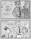  anthro bulletproof_vest canine clothed clothing comic dialogue dipstick_ears disney feline female fox group judy_hopps lagomorph male mammal mistermead monochrome nick_wilde officer_fangmeyer police_uniform rabbit size_difference speech_bubble text tiger uniform wolf wolford zootopia 
