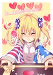  alternate_hairstyle american_flag_jacket blonde_hair blush box closed_eyes clownpiece commentary_request fang gift gift_box heart incoming_gift jacket koissa long_sleeves ribbed_sweater solo star star_print striped sweater tears touhou translated twintails valentine white_sweater 