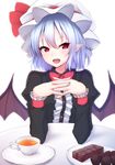  alternate_costume bat_wings blue_hair bow bowtie center_frills chocolate cup fang hat hat_ribbon interlocked_fingers junior27016 long_sleeves mob_cap open_mouth pointy_ears red_bow red_eyes red_neckwear red_ribbon remilia_scarlet ribbon short_hair simple_background sitting solo table teacup touhou valentine wings wrist_cuffs 
