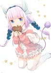  bad_id bad_pixiv_id bangs beads black_bow black_hairband blue_eyes blunt_bangs blush bow capelet chocolate chocolate_heart dragon_girl dragon_horns dragon_tail dress eating eyebrows_visible_through_hair fang food hair_beads hair_bow hair_ornament hairband heart highres holding holding_food horns kanna_kamui kneeling kobayashi-san_chi_no_maidragon kurosuke_(kun9232) long_hair long_sleeves looking_at_viewer open_mouth silver_hair simple_background solo tail thick_thighs thighhighs thighs tied_hair twintails valentine white_background white_legwear zettai_ryouiki 