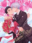  ameli-ya bad_id bad_pixiv_id balloon black_hair bouquet brown_eyes character_name cheek_kiss closed_eyes confetti couple dated flower formal hair_slicked_back happy_valentine highres jewelry katsuki_yuuri kiss male_focus multiple_boys necktie one_eye_closed red_flower red_rose ribbon ring rose silver_hair smile suit valentine viktor_nikiforov yaoi yuri!!!_on_ice 