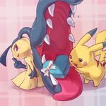  commentary_request from_behind gen_1_pokemon gen_3_pokemon gift heart heart-shaped_box looking_back mawile no_humans open_mouth pikachu pink_background plaid plaid_background pokemon pokemon_(creature) ribbon saliva sharp_teeth teeth tongue valentine 