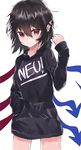  adapted_costume asuzemu asymmetrical_wings black_hair black_sweater blue_wings clothes_writing cowboy_shot german hand_in_pocket highres houjuu_nue long_sleeves looking_at_viewer pointy_ears red_eyes red_wings simple_background solo sweater touhou translated white_background wings 