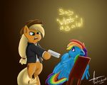  anthro applejack_(mlp) blonde_hair clothed clothing cutie_mark duo equine eyelashes feathered_wings feathers friendship_is_magic green_eyes gun hair holding_object holding_weapon hooves mammal multicolored_hair my_little_pony pegasus rainbow_dash_(mlp) rainbow_hair ranged_weapon rublegun weapon wings 