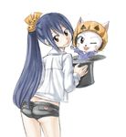  ass black_shorts blue_hair brown_eyes charle_(fairy_tail) fairy_tail halloween halloween_costume head_tilt heart heart_print high_ponytail long_hair looking_at_viewer mashima_hiro md5_mismatch official_art one_eye_closed ponytail shirt short_shorts shorts simple_background smile solo wendy_marvell white_background white_shirt 