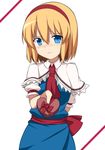  3: alice_margatroid ascot bangs blonde_hair blue_dress blue_eyes blush box breasts capelet closed_mouth commentary_request cowboy_shot dress embarrassed enushi_(toho193) gift gift_box hair_between_eyes hairband heart-shaped_box highres holding holding_gift incoming_gift looking_at_viewer medium_breasts puffy_short_sleeves puffy_sleeves red_neckwear red_ribbon ribbon sash short_hair short_sleeves shy simple_background solo touhou valentine white_background white_capelet 