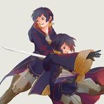  1boy 1girl boots cloak fire_emblem fire_emblem:_kakusei highres holding holding_weapon mark_(fire_emblem) simple_background smile sword weapon 