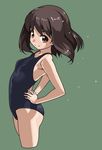  arched_back bad_id bad_pixiv_id black_swimsuit brown_eyes brown_hair competition_swimsuit cowboy_shot from_side green_background hands_on_hips looking_at_viewer one-piece_swimsuit original rohitsuka short_hair smile solo swimsuit 