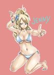  arm_up armpits bikini blonde_hair blue_bikini blue_eyes blue_nails bracelet breasts character_name cleavage collarbone dual_wielding earrings fairy_tail finger_gun full_body high_ponytail holding jenny_realight jewelry kneeling large_breasts long_hair looking_at_viewer mashima_hiro nail_polish navel official_art outstretched_arm red_background shiny shiny_skin side-tie_bikini simple_background solo swimsuit tattoo toenail_polish underboob 