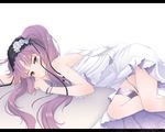  :&gt; bangle bangs bead_bracelet beads black_ribbon bonnet bracelet brown_eyes closed_mouth commentary_request dress euryale eyebrows_visible_through_hair fate/grand_order fate_(series) frills jewelry kiyomin letterboxed long_hair looking_at_viewer lying on_stomach purple_hair ribbon smile solo twintails wavy_hair white_dress 