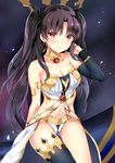  arm_at_side arm_guards arm_warmers ass_visible_through_thighs bangs bare_shoulders black_legwear black_ribbon breasts cleavage closed_mouth collarbone cowboy_shot earrings eyebrows_visible_through_hair fate/grand_order fate_(series) hair_ribbon hand_in_hair hand_up ishtar_(fate/grand_order) jewelry kaetzchen light_particles long_hair long_legs looking_at_viewer medium_breasts navel neck_ring parted_bangs purple_hair red_eyes revealing_clothes ribbon shiny shiny_hair single_thighhigh smile standing stomach thigh_gap thighhighs very_long_hair 
