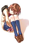  black_legwear blue_skirt brown_eyes brown_hair empty_eyes full_body head_mounted_display head_on_knees leg_hug looking_at_viewer misaka_imouto plaid plaid_skirt raika9 school_uniform short_hair sitting skirt solo to_aru_kagaku_no_railgun to_aru_majutsu_no_index white_background 