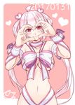  :&gt; :3 absurdres ahoge blurry blush bow breasts chromatic_aberration closed_mouth collarbone dated depth_of_field eyebrows_visible_through_hair hair_between_eyes head_tilt heart heart_hands highres large_breasts long_hair matoi_(pso2) naked_ribbon number nyanmaru_(ememing) outside_border phantasy_star phantasy_star_online_2 pink_background pink_hair red_eyes ribbon sketch smile solo striped striped_bow striped_ribbon twintails very_long_hair |_| 