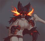  4_fingers anthro big_breasts big_hands big_penis black_fur black_hair bone breasts canine claws clothing female fire fur grey_background hair hellhound huge_breasts inner_ear_fluff legwear long_hair male mammal monster_girl monster_girl_(genre) monster_girl_encyclopedia open_mouth penis simple_background slit_pupils standing sub-res sweater thigh_highs 