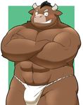  12beat13 anthro beat_you_(artist) blush bovine bulge cattle clothed clothing fundoshi japanese_clothing looking_at_viewer male mammal simple_background solo underwear 