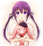  bad_id bad_pixiv_id bangs beret blush bow box capelet fur-trimmed_capelet fur_trim gift gochuumon_wa_usagi_desu_ka? gradient gradient_background hair_between_eyes hair_bow hat heart-shaped_box holding holding_gift holding_stuffed_animal kirifrog long_hair looking_at_viewer open_mouth purple_eyes purple_hair purple_ribbon ribbon sidelocks solo sparkle stuffed_animal stuffed_toy tedeza_rize twintails two-tone_background upper_body white_bow 