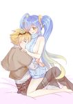  1boy 1girl ass_grab between_breasts blonde_hair blue_hair blush breasts ezreal highres large_breasts league_of_legends smother sona_buvelle twintails virgin_killer_sweater 