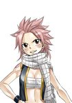  breasts brown_eyes cleavage fairy_tail genderswap genderswap_(mtf) grin hand_on_hip looking_at_viewer mashima_hiro md5_mismatch medium_breasts natsu_dragneel navel official_art pink_hair sarashi scarf shiny shiny_skin simple_background smile solo spiked_hair tattoo upper_body white_background white_scarf wrist_cuffs 